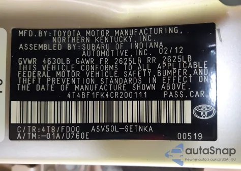 2012 Toyota Camry Le z USA, uszkodzony, nr VIN 4T4BF1FK4CR200111